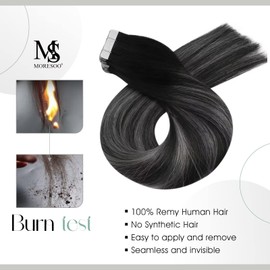 Moresoo Tape-In Extensions, Real Hair, Black Ombre, Remy Real Hair Extensions Tape, Balayage, Black to Silver Grey with Black Invisible Skin Weft Hair Extensions, Real Hair Tape, 20 Pieces, 50 g, 55 cm