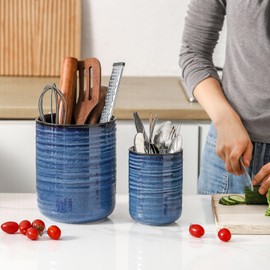 Hasense Ceramic Utensil Holder for Kitchen Counter, 7.4"+5.5" Caddy Set of 2, Large Cooking Holder for Countertop, Crock for Farmhouse Decor, Blue