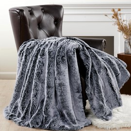 Home Soft Things Heavy Faux Fur Throw Black Gray Blanket Cozy Fluffy Thick Warm Blankets for Chair Couch Bed Sofa Bedroom Decor 50" x 60"