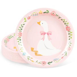 FYSUIMU Silly Goose Paper Plates Disposable Plates Pink Bow Goose Floral Decorative Dinner Plate 9 Inch for Birthday Party Baby Shower Table Decor Supplies, 40 Pcs