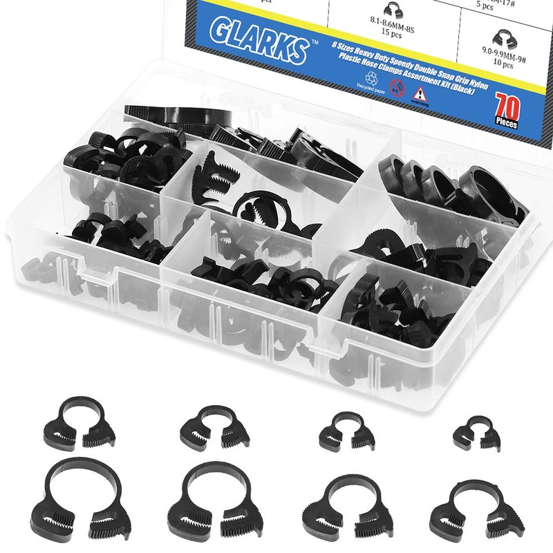 Glarks 70Pcs 8 Size Heavy Duty Black Double Gripping Nylon