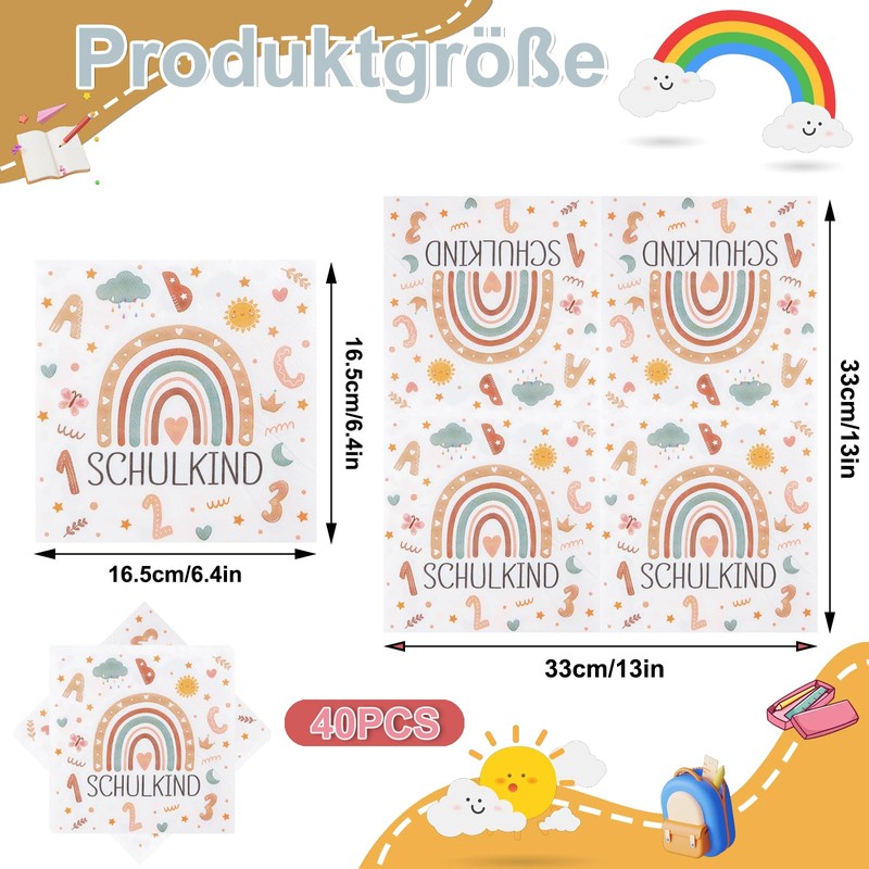 40 Stück Servietten Schulkind 33 X 33 Cm, Einschulung Servietten,