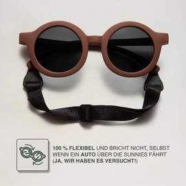 BABYMOCS Round Baby Sunglasses, 0-1.5 Years, 100% UV Protection, Flexible, BPA-Free, Non-Toxic Sunglasses for Babies with Strap, Swedish Design, Children's Sunglasses, brown