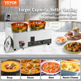 VEVOR Electric Soup Warmer, Dual 7.4QT Stainless Steel Round Pot, 1200W Commercial Food Warmer, 86~185°F Adjustable Temp, Bain Marie Warmer with Anti-Dry Burn and Reset Button, for Restaurant, Buffet