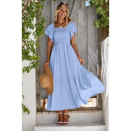 MASCOMODA Womens Summer Casual Midi Dress Square Neck Ruffle Short Sleeve Smocked High Waist A Line Wedding Guest Dresses(Light Blue,Small)