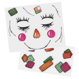 Halloween Scarecrow Face Temporary Tattoo Stickers, Pink and Orange Patchwork Design, Fun Fall Festival Decorative Body Art, 2 Pieces (Orange Red Pink)