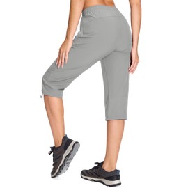 MAGCOMSEN Womens Capris with Pockets Lightweight Quick Dry Hiking Pants with 5 Pockets for Travel Casual Light Grey, L