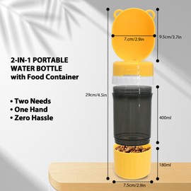 PawSailor 2-in-1 Pet Travel Water Bottle & Food Container - 14 oz Water + 6 oz Food Dispenser, Leak-Proof Portable Dog Water Bottle Bowl for Walking, Hiking, Camping Yellow