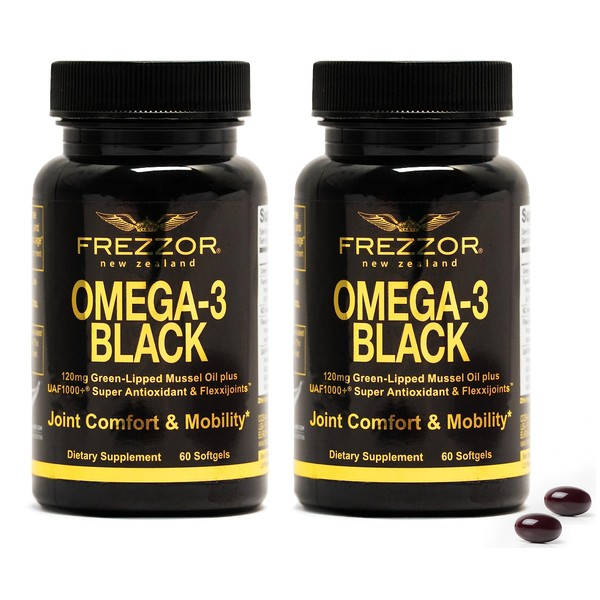 FREZZOR Omega 3 Black for Joint Care & Comfort - New Zealand Green Lipped Mussel Oil Capsules; 53x Higher Potency with UAF1000+ Super Antioxidant, No Fishy Aftertaste, 450mg, 60 Count (Pack of 2)