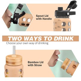 MUKOKO Glass Water Bottles, 32oz Glass Tumbler with Straw, Drinking Bottles with 2 Lids-Handle Spout Lid&Bamboo Straw Lid, Motivational Water Bottle with Time Marker and Silicone Sleeve, 1 Pack-Amber