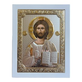 Silver Canvas (PR-4/001G/B) Jesus Christ Byzantine Silver Orthodox Icon/Greek Handmade (White, 7 1/2 x 6)