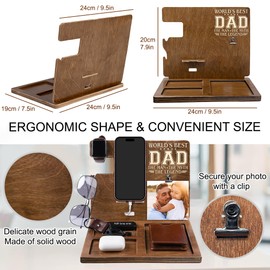 Fastpeace Worlds Best Dad Gifts, Phone Docking Station for Dad with Photo Clip, Nightstand Organizer for Men, Fathers Day Desk Gifts, Wooden Docking Station Men, Dad Gifts, Dad Birthday Gift
