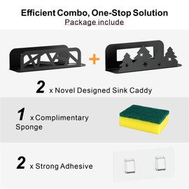 GSlife Adhesive Sink Caddy - A Set of 2, Novel Sponge Holders for Kitchen Sink, Rustproof in Sink Accessories, Brush Holder, Sponge Holder and Soap Holder, Black (Christmas Tree & Geometric Design)