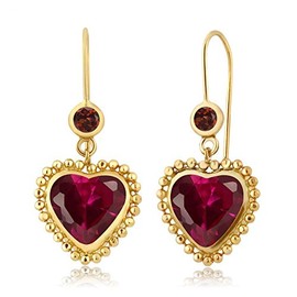 Gem Stone King 4.62 Cttw 8MM Heart Shape Red Created Ruby and 3MM Round Red Garnet 14K Yellow Gold Earrings For Women