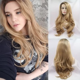 Xiweiya Omber Medium Blonde Synthetic Lace Front Wig with Light Brown Roots Long Body Wave Lace Wigs Side Part Heat Resistant Fiber Hair Replacement Wigs for Women Daily Wear 24”