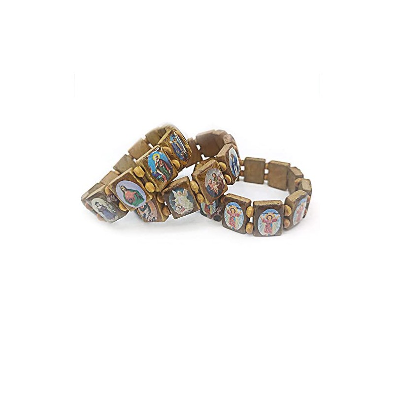 DATOA 4Pcs Wooden Jesus Virgin Mary Bracelet Saints Rosary Stretch