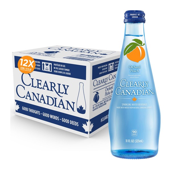 Clearly Canadian Orchard Peach Sparkling Spring Water Beverage, Natural & Carbonated, Flavored Seltzer Water, 1 Case (12 Bottles x 325mL)