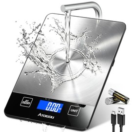Atogou Food Scale - 33lb Digital Kitchen Scale Ounces Grams, Rechargeable & Full-View Display, Water-Resistant, Batteries or USB-C Charging, Stainless