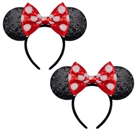 YUNISS 2 PCS Mouse Ears, Shiny Red Sequin Bow Mouse Ears Headbands for Adult Women Girls Christmas Birthday Party(polka dot bow)