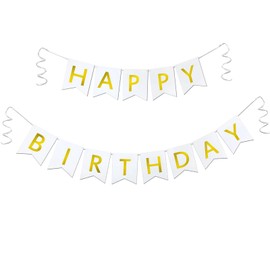 Imtively Happy Birthday Banner,Happy Birthday Decorations Birthday Flag Bunting for Birthday Party Backdrop Decor,Happy Birthday sign Party Supplies for Girls Boys Kids and Women Party Hanging Decor (White Golden)