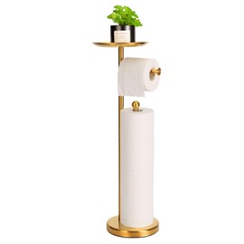 Standing Toilet Paper Holder Gold, TP Holder with 6.7" Phone Shelf, Holds 5 Rolls, Stainless Steel (Gold)