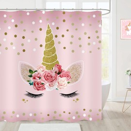 ZCHOMI - Cortina de ducha de unicornio, color rosa, floral, dorado, lunares, para niñas, para baño, tela de poliéster impermeable, cortina de baño, 72 x 72 pulgadas, con 12 ganchos de plástico