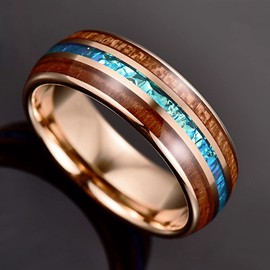 TUNGSTORY Tungsten Rings for Men 8 mm Rose Gold/Silver Wedding Ring with Wood/Opal Inlay Size 54.4 (17.3) - 72 (22.9)