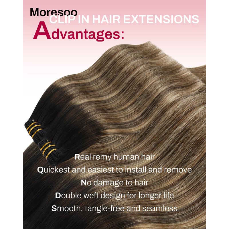 Clip in Hair Extensions Black Brown Ombre Low Bulk 16