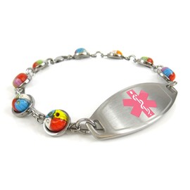 My Identity Doctor Womens Medical Alert Bracelet with Engraving - 1cm Steel & Glass - Wrist Size 8.75 Inch