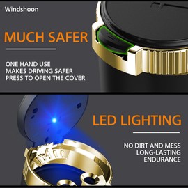 Windshoon Car Ashtray with Lid, Portable Ashtray for Car, Detachable Stainless Steel Smokeless Ashtray with LED Blue Light, Windproof for car Travel, Mini Car Trash Can(Golden 1-Pack)