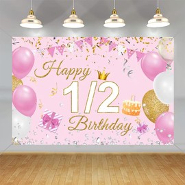 Happy 1/2 Birthday Backdrop Banner Party Decoration for Girls 6 Months Birthday Party Fabric Sign Poster, Pink Ballon and Banner Background Half 1 Year Birthday Party Supplies, 150x90cm