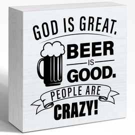 WUZYOU God is Great Beer is Good People are Crazy Sign, Rustic Religious Motivational Wood Box Sign, Christian Desk Shelves Wall Decor for Living Room Bedroom 5x5x1 INCH