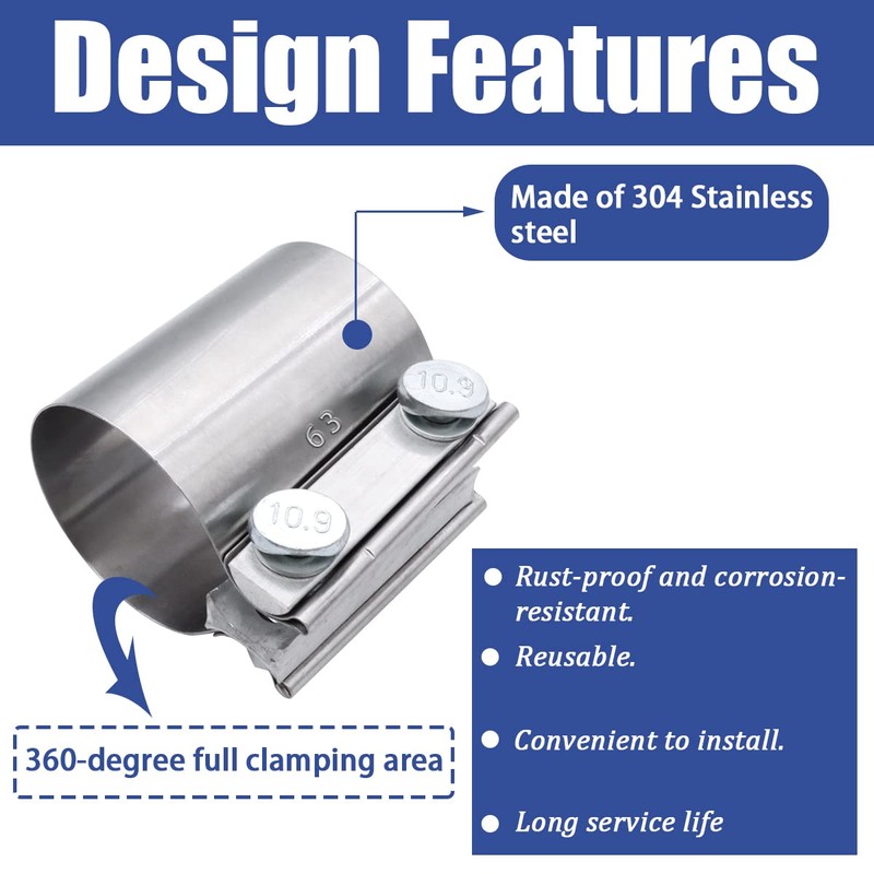 Dianrui 2PCS 2.5" Butt Joint Stainless Steel Clamp Band ,2.5"