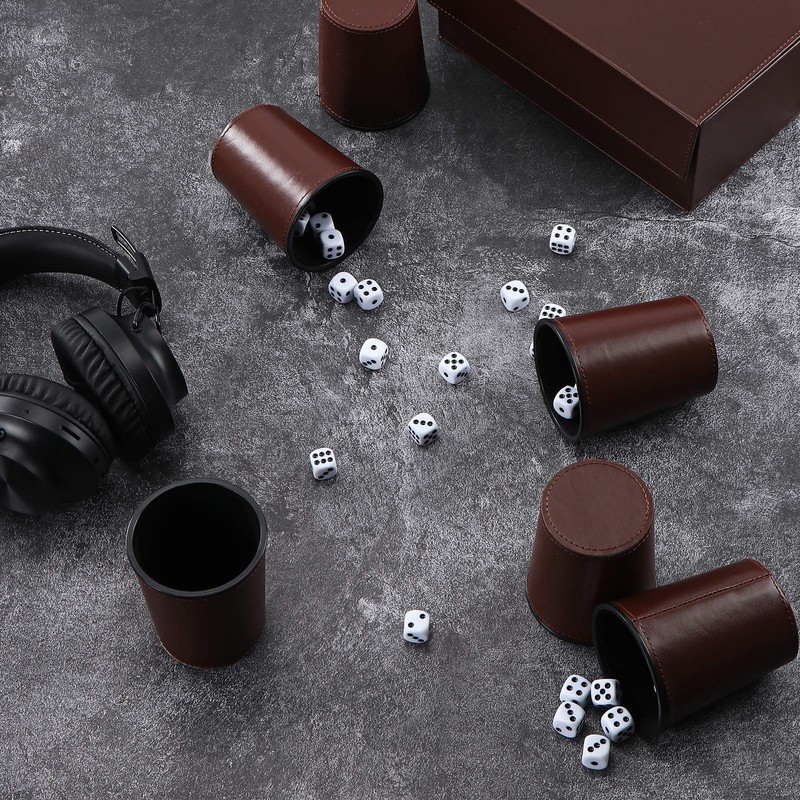 Party Games Leather Dice Cup Set, 6 Black Leather Dice