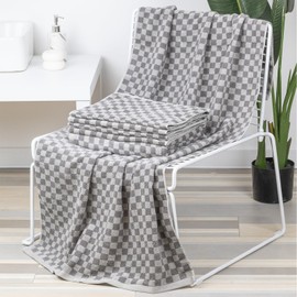 CinGiiCo Checkered Bath Towels Set of 6 Large, 100% Cotton Towels * 2 (55.12"*27.56"), Hand Towels * 4 (29.52"*13.77"), Luxury Towels for Bathroom, Gym, Hotel, and Spa（Grey）