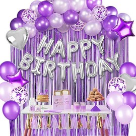 Purple Birthday Party Decoration Set, 37 Pieces, Silver Happy Birthday Balloons with Metallic Curtain