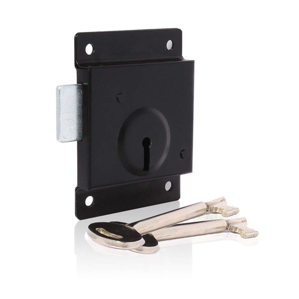 XFORT® Traditional 4” x 3” Rim Press Lock, Surface Mounted Black Rim Presslock with Key Operated Deadbolt, Ideal for Wooden Doors and Gates to Secure Garden Sheds, Garages and Outbuildings.