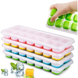 TWCE - Juego de 4 bandejas para cubitos de hielo, de fácil liberación, sin BPA, 14 bandejas para cubitos de hielo con tapa, molde apilable para cubitos de hielo, adecuado para bebidas congeladas, café, alimentos para bebés y frutas