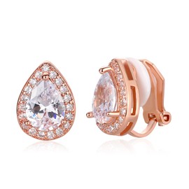 SELOVO Teardrop Clear White Cubic Zirconia Clip On Earrings Stud Rose Gold Tone
