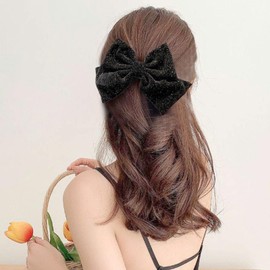 Xduargs Vintage Velvet Bow Hairclip Big Velvet Bow Barrette Large Winter Ribbon Headclip Barrette Large Headpiece Decorative Hair Accessories for Women Headdress(Black)