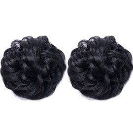 2 PCS Messy Bun Hair Extension Scrunchies Messy Bun Hair Piece for Women Curly Wavy Scrunchy Updo Bun Extensions Dark Black