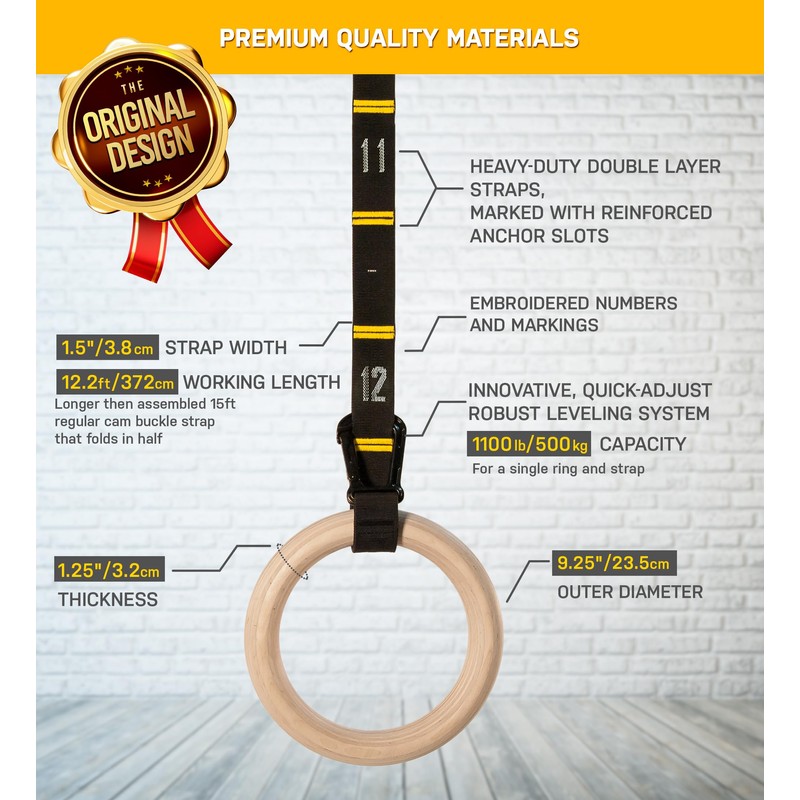 Double Circle Gymnastics Rings with Quick Adjust Numbered Straps and
