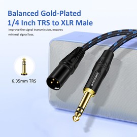 DREMAKE XLR to 1/4 Inch TRS Mic Audio Cable, 25FT XLR 3 Pin Male to Quarter Inch 6.35mm/6.5mm TRS Male Balanced Interconnect Patch Cord for Electric Drum, Saxophone, Effect Pedal, AMP, Power Amplifier