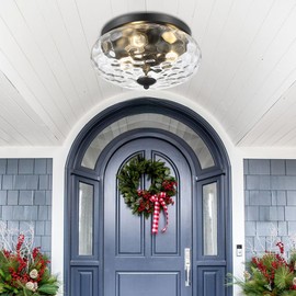 Darkaway Large Ceiling Light Fixtures, 3-Light Flush Mount Indoor Outdoor Ceiling Light with Water Ripple Glass Shade for Hallway Kitchen Bedroom Porch Living Room Black Finish