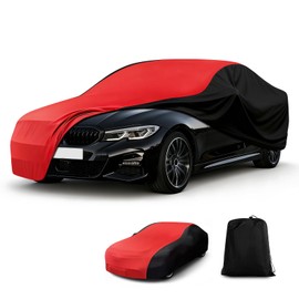 CEMOFE Indoor Car Cover, Stretch Satin Soft Dust Protection, Universal Fit for 181-197 Inch Sedans, Breathable Full Car Cover for Garage, Car Show, Windproof with Storage Bag, Red & Black