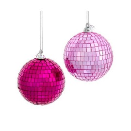 Kurt Adler Mirrored Disco Ball - 3 Inch Fuchsia/Pink Glass Christmas Tree Ornament; Set of 2