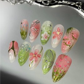 30Pcs Flower Press on Nails Summer Fake Nails Long Almond False Nails Floral Bow Silver with Rhinestone Design Colorful Glue on Nail Full Cover French Tip Pearl Stick on Nail for Women DIY Manicure