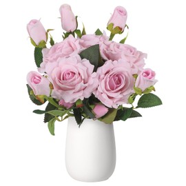 INSUNSIX 5 Pcs Light Pink Silk Roses Artificial Flowers 14.2” Faux Roses with Stems for Wedding and Engagement Bridal Bouquet Living Room Vase Living Room Home Decor