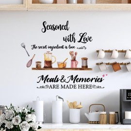 Kitchen Wall Stickers Decor Self-Adhesive Kitchen Wall Decals, Peel and Stick Seasoned with Love Wall Decor Quotes Sign Utensil Art Decorations for Home Dining Room Coffee Shop