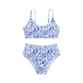 SHENHE - Traje de baño floral para niña, 2 piezas, cuello redondo, tirantes delgados, traje de baño fruncido, Azul y blanco, 13 Años
